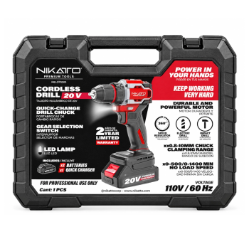 TALADRO INALAMBRICO 1/2" DE 20V ROTACION + INCLUYE 2 BATERIAS, CAJA PLASTICA