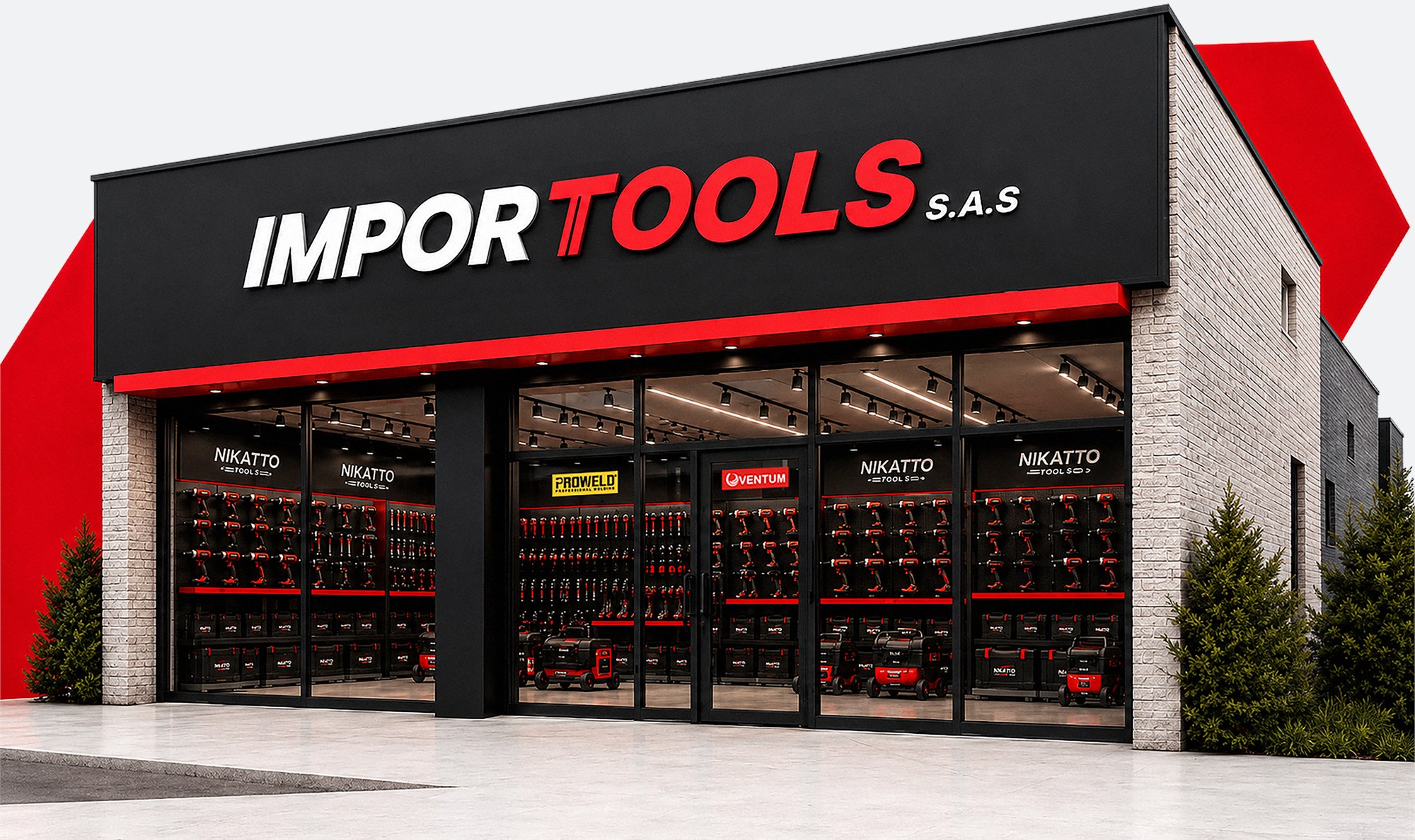 Fachada de la tienda Import Tools S.A.S, con vitrinas de herramienta Nikatto a la vista